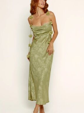 Rare London Olive petal Green Floral-Embossed Satin jacquard Midi Dress